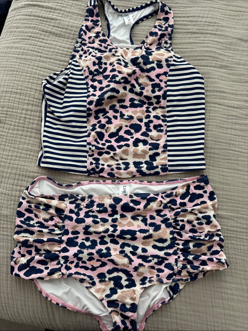 Lime Ricki Navy & White Striped & Leopard Tankini Set XXL